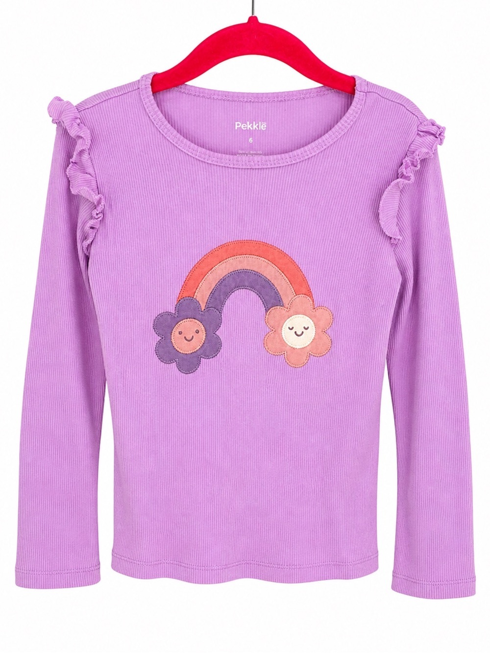 PEKKLE Girls Rainbow Ribbed Long Sleeve Ruffle Top Purple Size 6